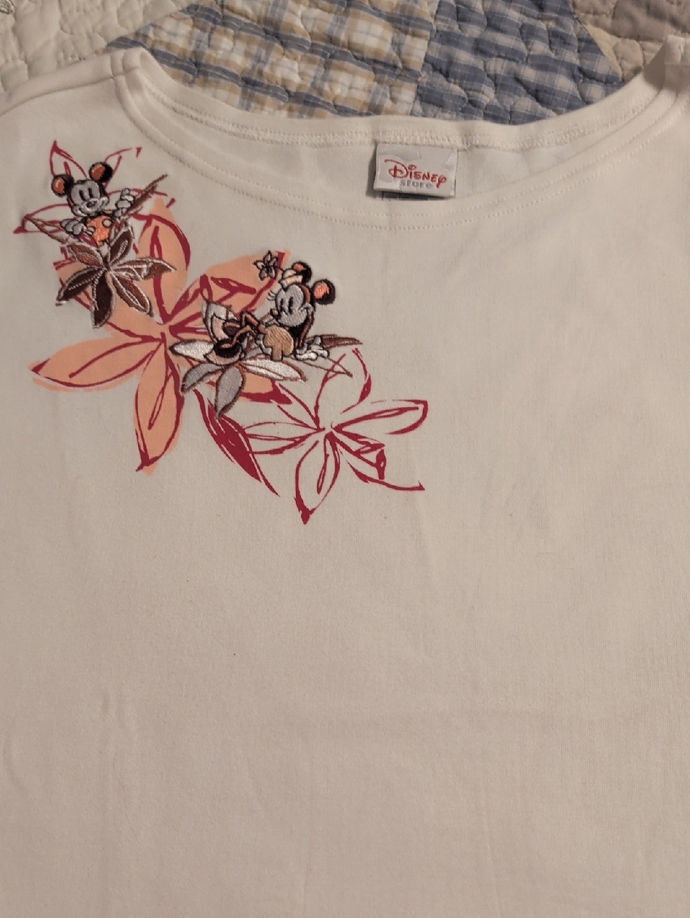 Disney White Short Sleeve Tee with Floral Mickey and Minnie Embroidery